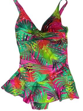 Womens Tropical Leaf Pink Green One-Piece Skater Skirt Swim Dress
